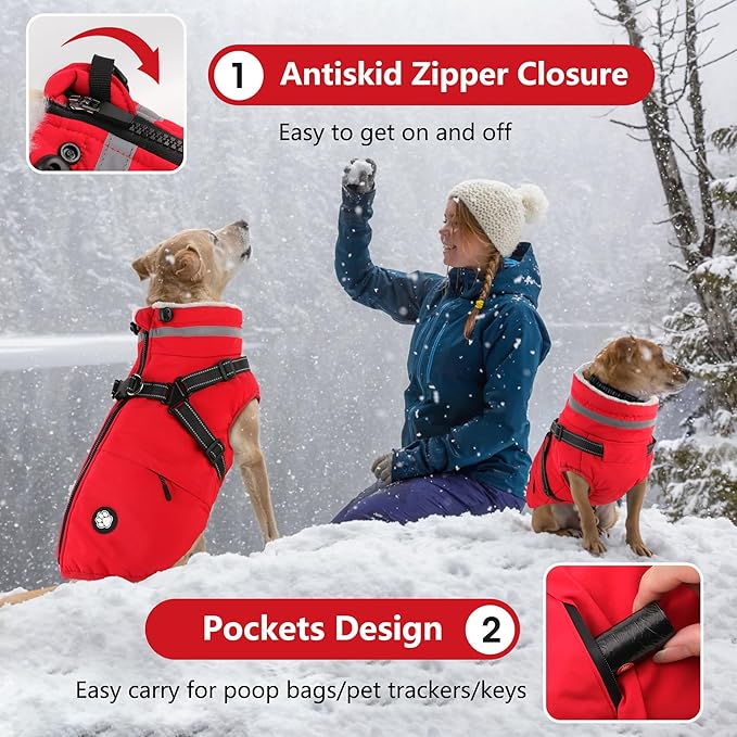 Dogcheer Dog Coat with Harness, Waterproof Dog Jacket, Christmas Puppy Winter Coat with Pocket, Reflective Doggy Turtleneck Puffer Vest for Small Medium Large Dogs - Red, XL