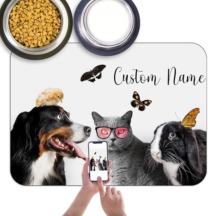 Personalized Dog Food Mat with Photo Name Custom Non Slip Pet Feeding Mat Waterproof Backing Absorbent Fabric Dog Cat Bowls