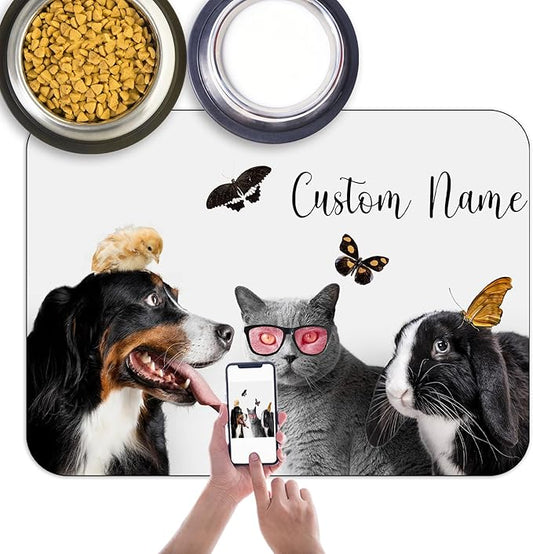 Personalized Dog Food Mat with Photo Name Custom Non Slip Pet Feeding Mat Waterproof Backing Absorbent Fabric Dog Cat Bowls