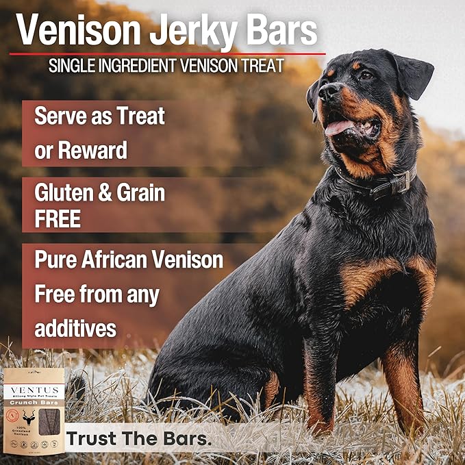 VENTUS Jerky Crunch Bars - Single Ingredient All Natural Venison Dog Training Treats, Healthy Air-Dried, High Protein No Additives, Grain Free, 8 oz