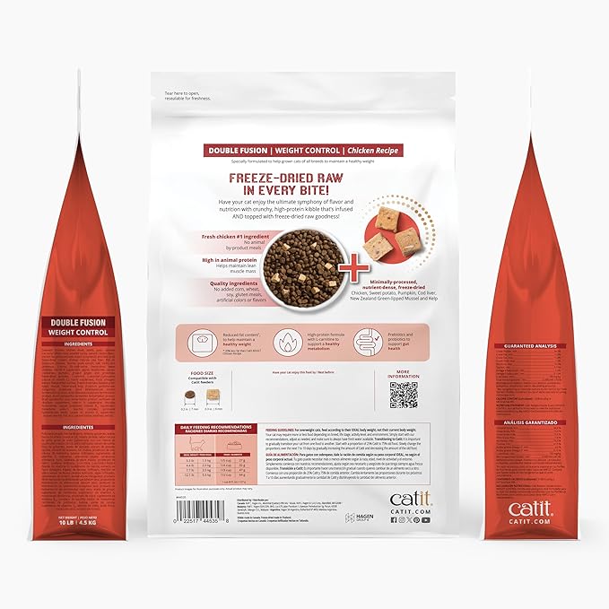 Catit Recipes Double Fusion Weight Control Cat Food – Chicken Recipe, High-Protein, Freeze-Dried Raw Toppings, No by-Products, Minimally Processed, Balanced Nutrition, 10 lb