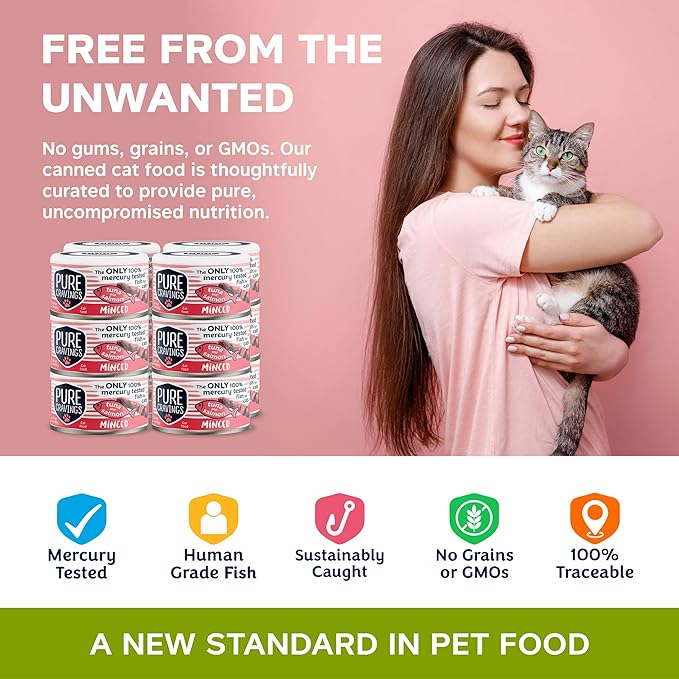 Pure Cravings Minced Tuna and Salmon Wet Canned Cat Food, 100% Mercury-Tested, Moist Can Fish for Cats, Grain-Free, Protein, Non-GMO, 3oz, Pack of 12