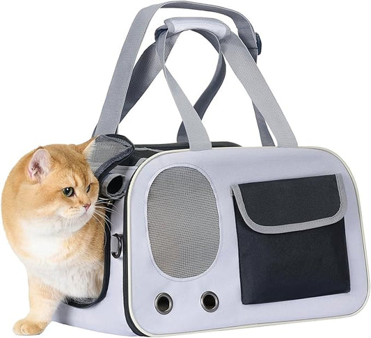 Cat, Dog Carrier for Pets up to 15 lbs, Soft-Sided Collapsible Pet Carrier with Sturdy Base, Roll-up Curtain and Large Storage Bag, Cat Bag for Medium Cats and Small Dogs