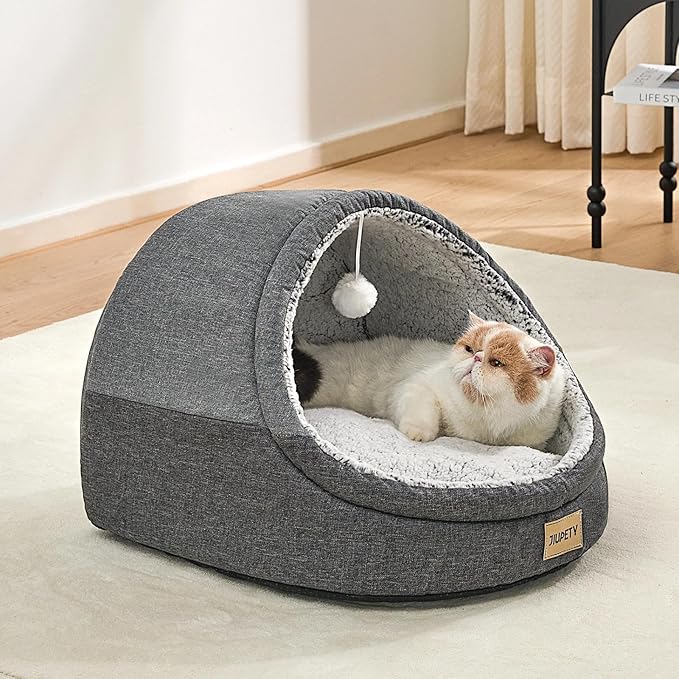 Jiupety Cute Cat Beds for Indoor Cats, Cat Cave Bed for Kittens, Burrowing Puppy Bed with Anti-Slip Bottom, Washable Removable Cushion, L(19"x17"x16"), Dark Gray