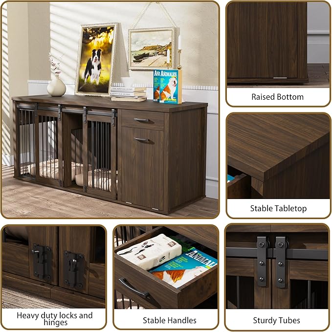 Large Dog Crate Furniture Large Breed,71 Inch Wooden Dog Crate with Tilt Out Trash Cabinet,Drawers,Divider and Sliding Barn Door, Double Doors Dogs Crate for 2 Dogs (Brown)