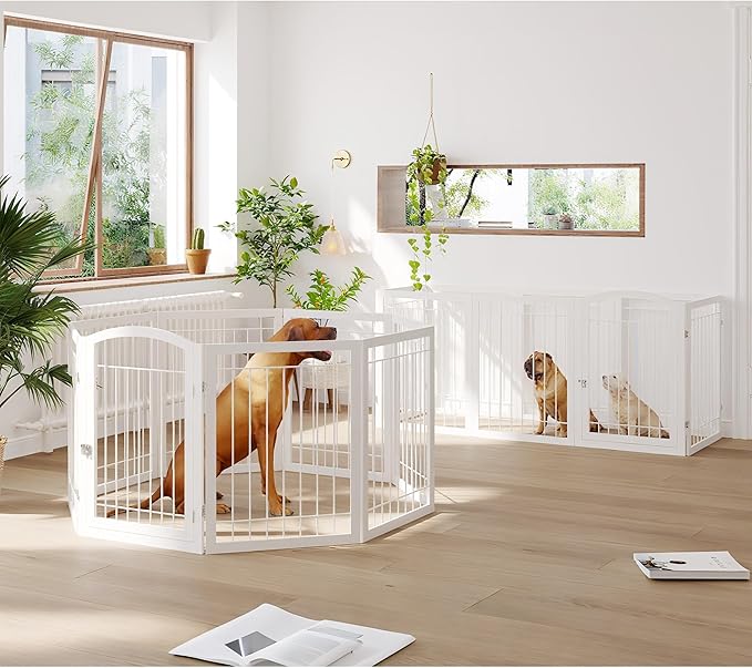 JSB 192-inch Extra Wide 30-inch Tall Dog gate with Door Walk Through,Full Matel Freestanding Pet Gate for Halls, Stairs & Home, Pet Puppy Safety Dog Fence with 4PCS Support Feet (White)