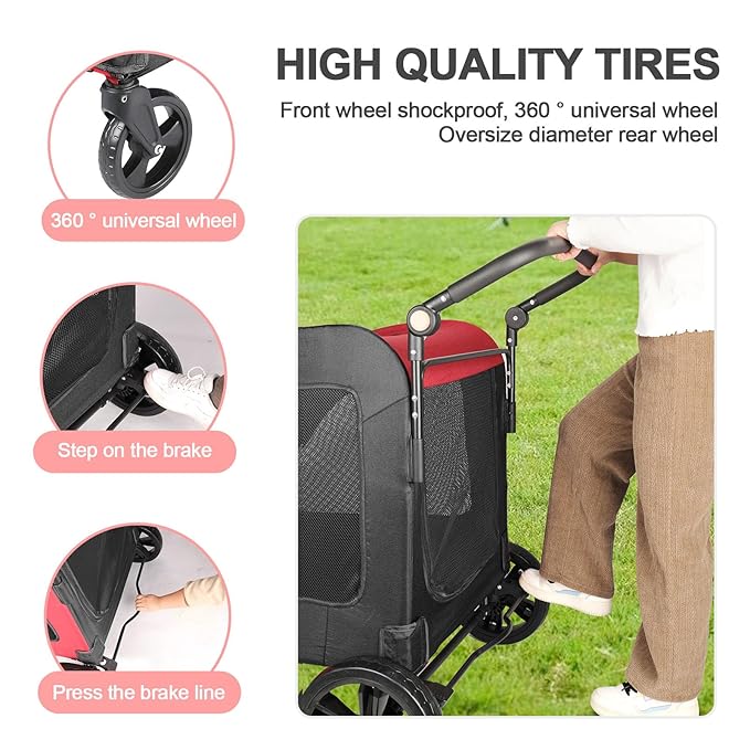 Dog Stroller with 4 Wheels, Folding Cat Strolling for Small/Medium/Large Dogs & Cats to 120 lbs, pet Stroller with Removable Carrier, Storage Basket,Cup Holder (Black Red)