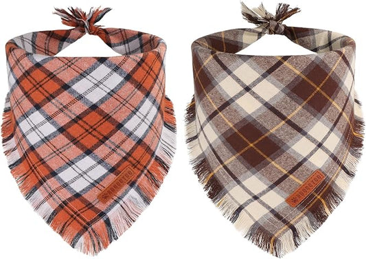ADOGGYGO Fall Dog Bandanas with Tassels Edges, Orange Brown Plaid Scarf Bib, Multi Size, Fall Thanksgiving Halloween Bandanas for Extra Large Dogs (X-Large)