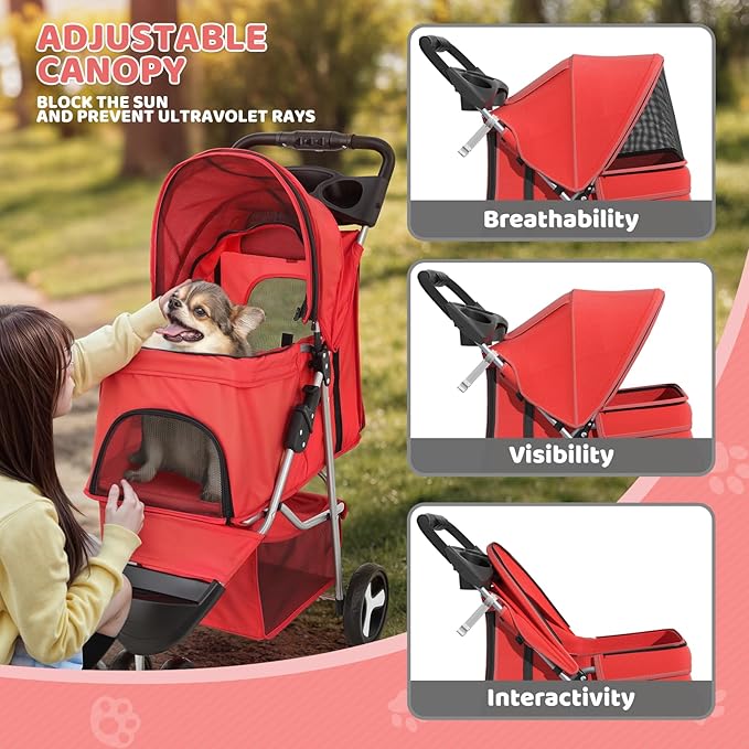 Magshion 3-Wheel Pet Stroller, Foldable Travel Jogger for Small & Medium Dogs & Cats (Up to 33lbs), Lightweight Carrier with Breathable Mesh Cover, Cup Holder & Storage Basket, Red