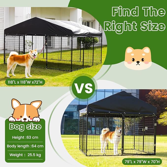 Outdoor Dog Kennel Steel for Medium/Small Dogs Anti-Rust Coating Cage with Roof All Weather Resistant Dog House with Double Locks (118" W x 118" D x 72.5" H)