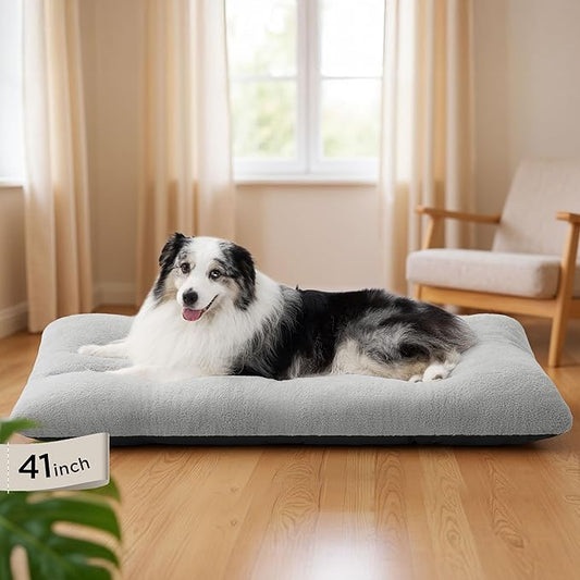 Bedsure Washable XL Dog Bed for Crate for Extra Large Dogs, Comfort Fluffy Plush Pet Pillow Bed Kennel Pad with Non-Slip Bottom, Machine Washable Pet Sleeping Mat, 41"x27", Gray