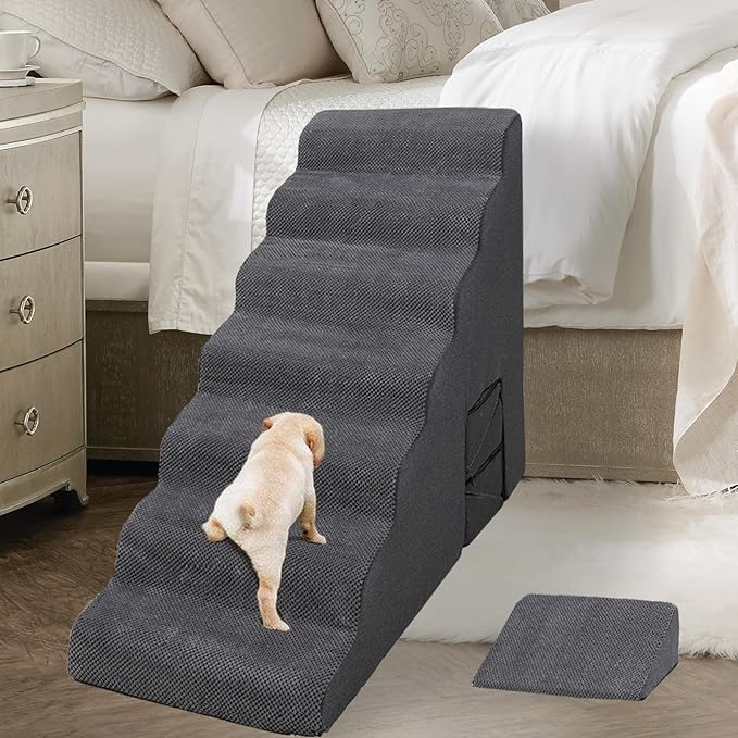 Dog Stairs for High Beds 30-36 inches Tall, 7-Step Pet Stairs/Steps for Small Large Dogs, 30D Foam Pet Steps/Ramp/Ladder for High Bedsides, with 4pcs Dog Ramp for Stairs, Dark Grey