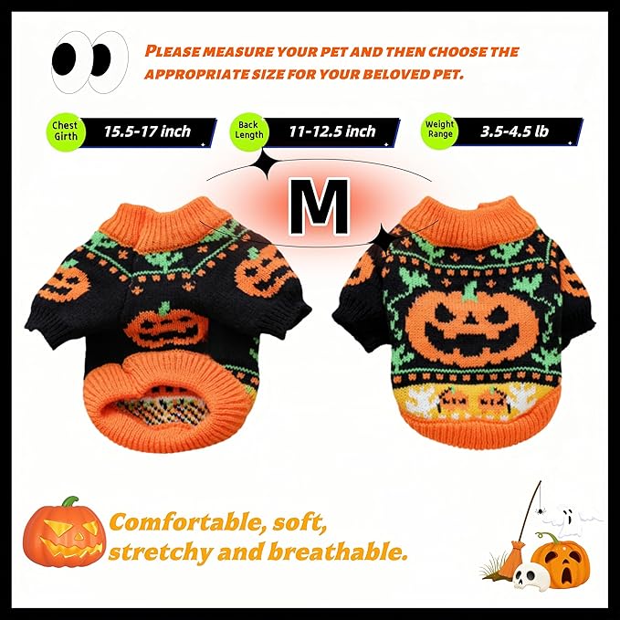 Halloween Pumpkin Dog Sweater, Knit Pet Costume, Orange and Black Fall Winter Outfit for Small Dogs and Cats (Medium)