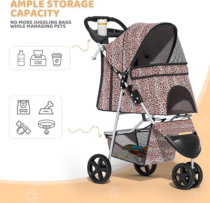 Magshion 3-Wheel Pet Stroller, Foldable Travel Jogger for Small & Medium Dogs & Cats (Up to 33lbs), Lightweight Carrier with Breathable Mesh Cover, Cup Holder & Storage Basket, Leopard Print