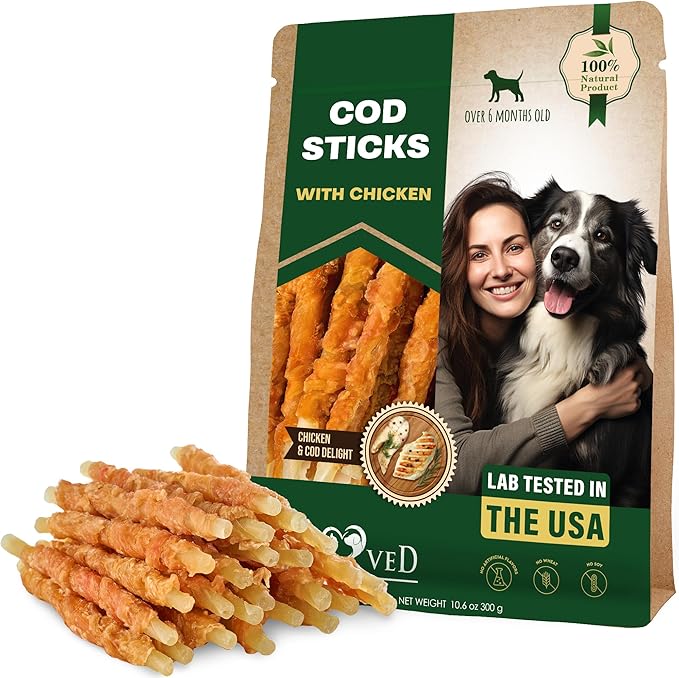 Beloved Pets Dog Treats Rawhide - Free Cod Sticks Chicken Wrapped 11 oz - All Natural & Grain Free Long Lasting Chews for Large & Small Dogs - Dried Pet Snacks - Support Healthy Teeth & Skin Coat