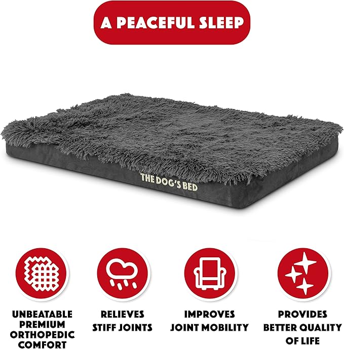 The Dog’s Bed Orthopedic Memory Foam Dog Bed, Medium Grey Fur 34x22, Pain Relief for Arthritis, Hip & Elbow Dysplasia, Post Surgery, Lameness, Supportive, Calming, Waterproof Washable Cover