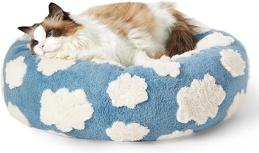 LE SURE Donut Cat Beds for Indoor Cats - Small Round Dog Bed for Calming Pets with Washable Cover, Cute Modern Puppy Beds with Jacquard Shaggy Plush & Anti Slip Bottom, 20 Inch, Blue