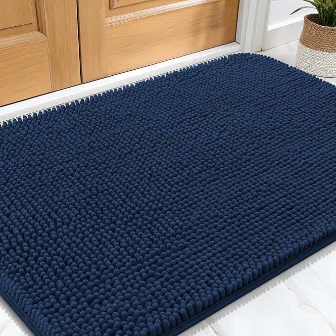 OLANLY Dog Door Mat for Muddy Paws 30x20, Absorbs Moisture and Dirt, Absorbent Non-Slip Washable Doormat, Quick Dry Chenille Mud Mat for Dogs, Entry Indoor Entryway Carpet for Inside Floor, Dark Blue