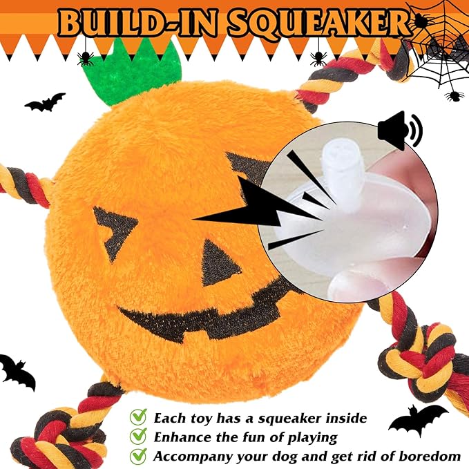 PUPTECK Halloween Dog Squeaky Chew Toys - 3 PCS Funny Pumpkin Plush Stuffed Toys for Puppy Pet Tugging Playing