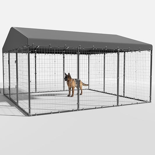 Dog Kennel Outdoor, 10x10x6 FT Heavy Duty Dog Pens Outside with UV & Water Resistant Roof, Large Dog Fence for Yard Metal Chicken Run with Double Locks