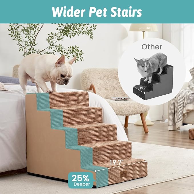 Dog Stairs for Small Dogs, 5 Tier Wider Pet Stairs for High Beds, 23.6" H Non-Slip Dog Steps for Old Cats, Puppies, Small Medium Dogs, 19.7x29.5x23.6 inch, Light Brown