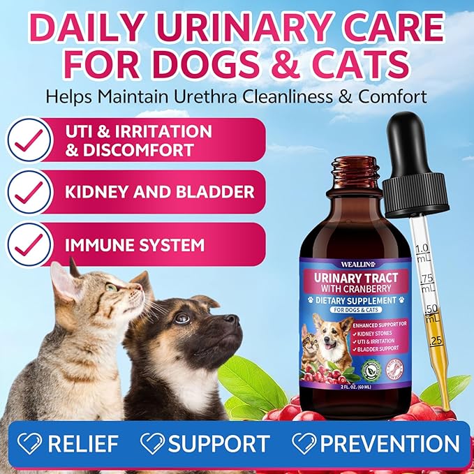 Cat & Dog Natural Urinary Tract Infection Treatment with Cranberry, Kidney, and Bladder Support Supplement, Support for Urinary Comfort & Bladder Flow – Pet Renal Care Support Drops