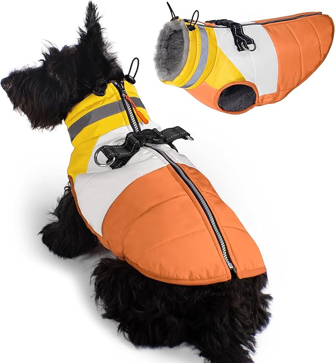 azuza Dog Jacket for Small Dogs Waterproof Dog Coat with Reflective Strips and Harness Built in Warm Fleece Dogs Winter Coat Windproof with Back Zipper, Orange M