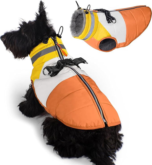 azuza Dog Jacket for Small Dogs Waterproof Dog Coat with Reflective Strips and Harness Built in Warm Fleece Dogs Winter Coat Windproof with Back Zipper, Orange M