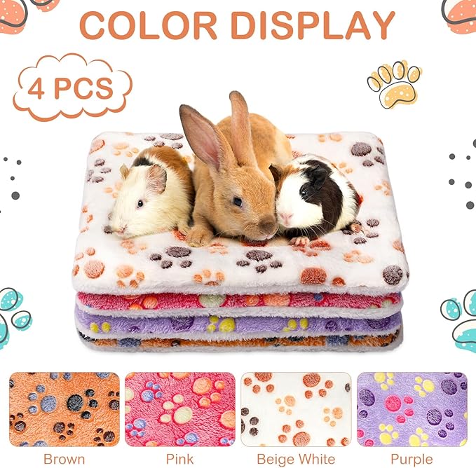Haull 4 Pcs Waterproof Guinea Pig Bedding Winter Guinea Pig Bed Plush Cage Liners Soft Dog Cat Mat Reversible Winter Cozy Animal Pee Pad Hamster Bed Mat for Bunny(Paw,13 x 18.5 Inch)