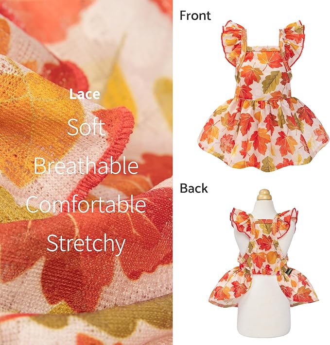 Fitwarm Maple Dog Dress, Ruffled Doggy Thanksgiving Dress, Fall Dog Clothes for Small Dogs Girl, Pet Outfit, Red, Orange, Large