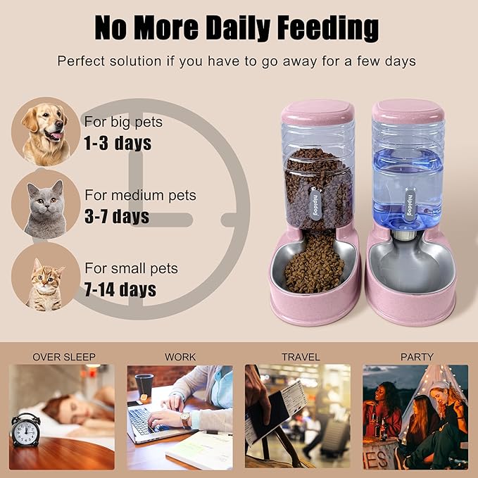 Stainless Steel Automatic Pet Feeder for Small&Medium Pets Automatic Food Feeder and Waterer Stainless Steel Bowls Set 3.8 L, Travel Supply Feeder and Water Dispenser for Dogs Cats Pets Animals