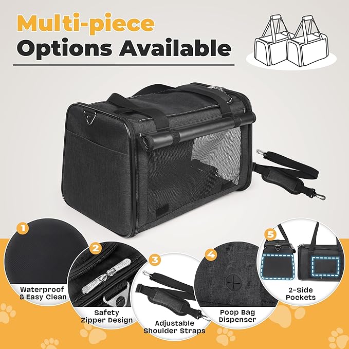YUDODO 25 lbs Lightproof Soft Sided Large Cat Carrier for Small Pet Dog Airline Approved Travel Bag Puppy Carriers with Side Pockets & Reflective Mesh, Foldable Portable for Outdoor Car Black