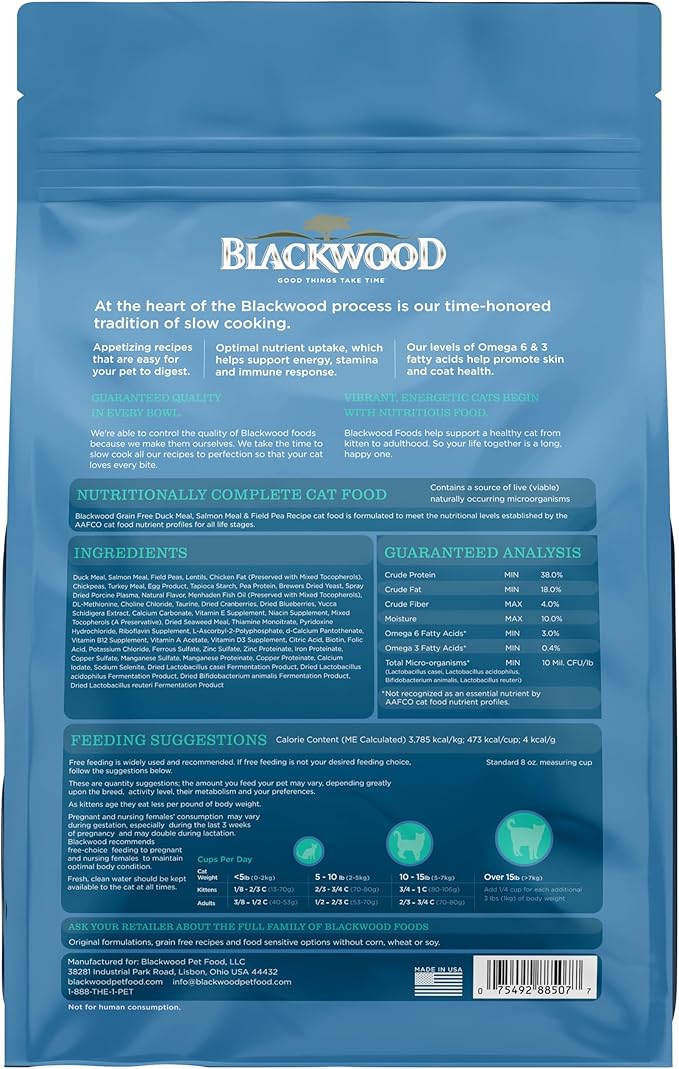 Blackwood Dry Cat Food, Special Diet Formula for Sensitivities, Duck Meal, Salmon Meal & Field Pea Recipe, 4 Pound Bag, High Protein, Slow Cooked, Grain Free