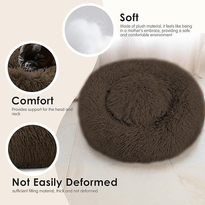 28in Large Dog Bed, Medium Size Dog and Cats, Calming Donut Bed for Puppy and Kitten, Washable Round Fluffy Pet Bed (Coffee)