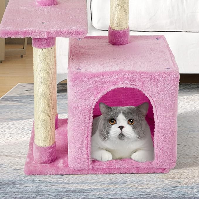 FISH&NAP Cute Cat Tree Kitten Cat Tower for Indoor Cat Condo Sisal Scratching Posts with Jump Platform Cat Furniture Activity Center Play House Pink