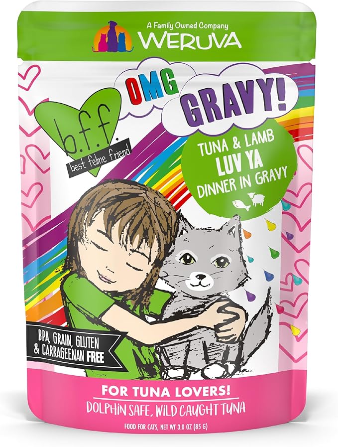Weruva B.F.F. OMG - Best Feline Friend Oh My Gravy!, Tuna & Lamb Luv Ya with Tuna & Lamb in Gravy Cat Food, 3oz Pouch (Pack of 12)