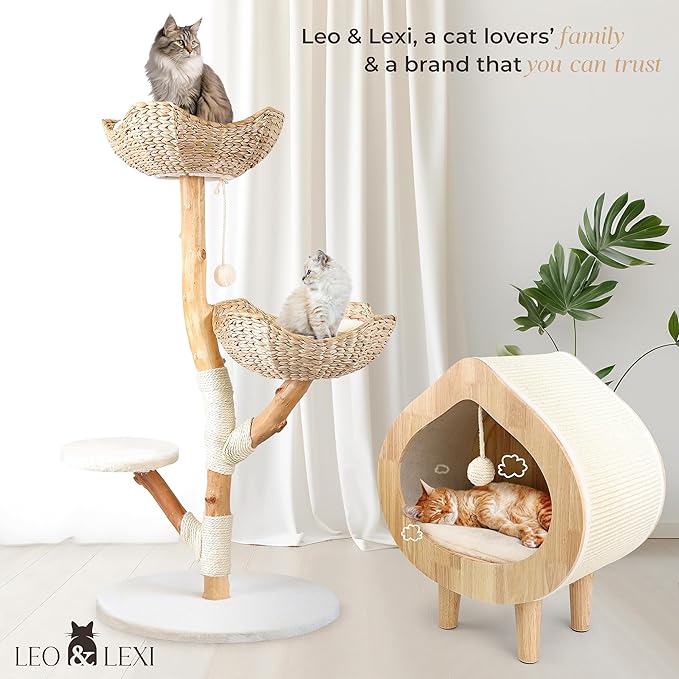 Real Wood Modern Cat Tree Tower, Cat Scratching Post with Bed for Indoor Cats Large Adult, Solid Wooden Climbing Tower, Cute Wicker Condo, Aesthetic Stand, Boho Luxury Pet Furniture
