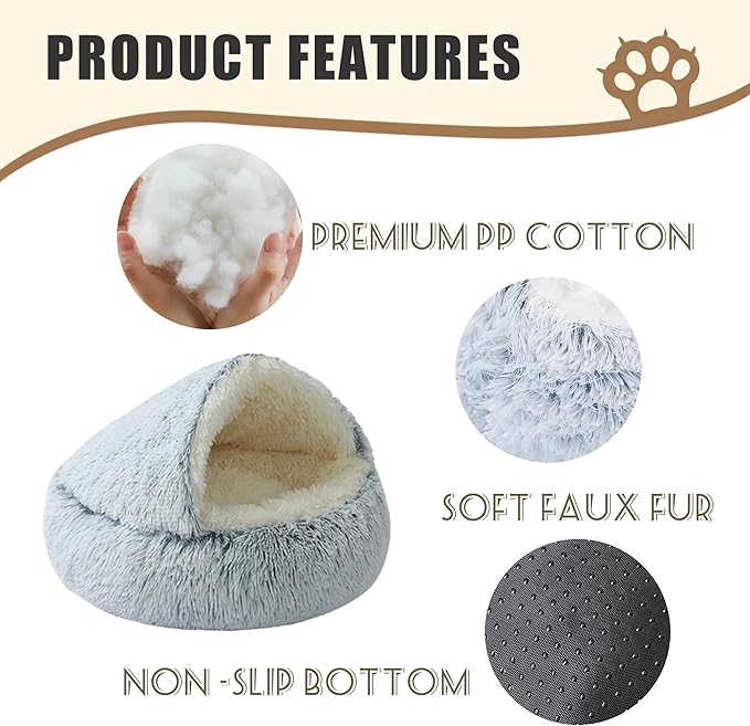 Round Plush Hooded Cat Bed, Cozy Nest Dog Beds, Cats Bed Calming Puppy Doughnut Beds with Cover Cave, Anti-Slip Bottom Washable Pets Sleeping Bag (Grey, M, 23.6×23.6Inch)