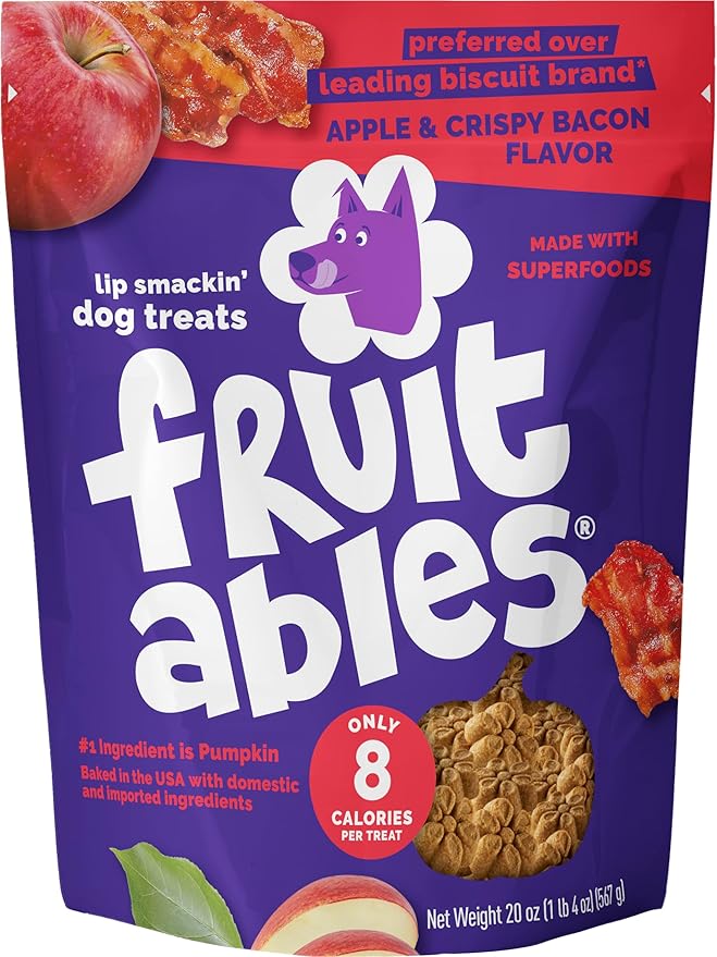 Fruitables Baked Dog Treats, Healthy Pumpkin Treat for Dogs, Low Calorie & Delicious, Free of Wheat, Corn and Soy, Made in The USA, Apple and Crispy Bacon Flavor, 20oz