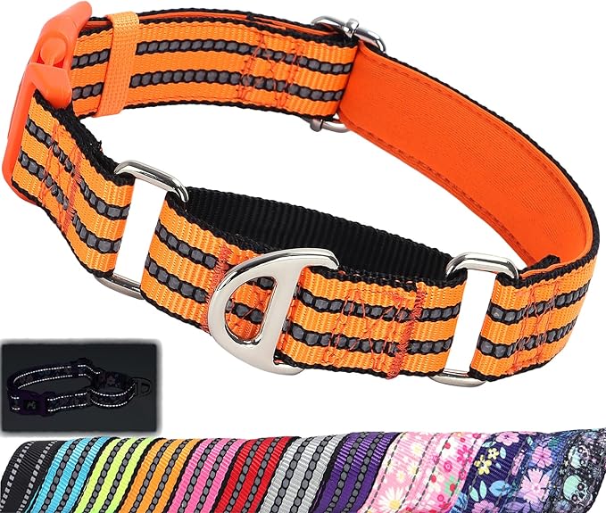 Martingale Collar for Dogs -Reflective Nylon No Slip Choke with Padded Comfort Heavy Duty Dog Collar with Quick Release Buckle for Training, Walking & Overexcited Pulling Orange S