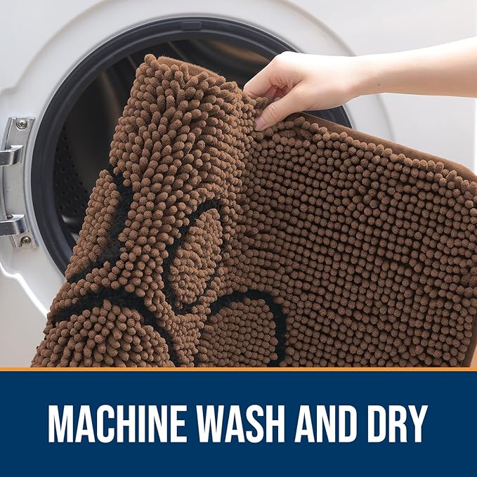 OLANLY Dog Door Mat for Muddy Paws 36x24, Paw Print Design, Absorbs Moisture and Dirt, Absorbent Non-Slip Washable Doormat, Quick Dry Chenille Mud Mat for Dogs, Entry Indoor Entryway Carpet, Mocha