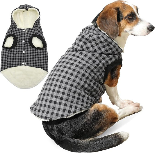 Fleece Lining Dog Hoodie for Large Dogs Extra Warm Plaid Sweater with Drawstring Hooded Coats in Winter Doggie Jacket,Black XXL