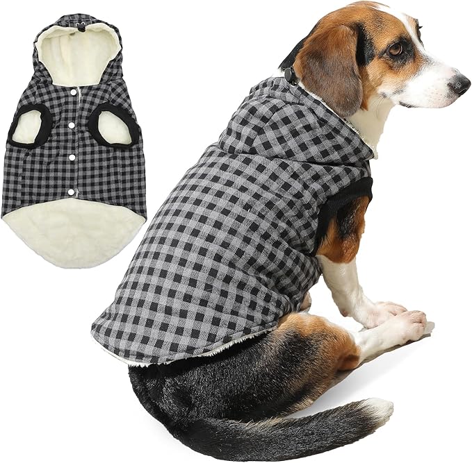 Fleece Lining Dog Hoodie for Large Dogs Extra Warm Plaid Sweater with Drawstring Hooded Coats in Winter Doggie Jacket,Black XXXL