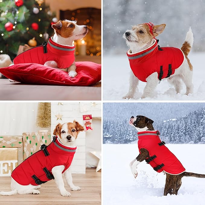 Dogcheer Dog Coat with Harness, Waterproof Dog Jacket Adjustable Pet Winter Coat with Zipper, Christmas Puppy Snow Jacket Fleece Sweater for Small Medium Large Dogs - Red XL