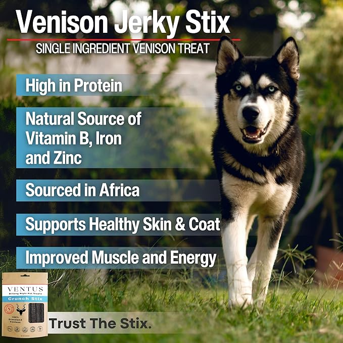 VENTUS Jerky Crunch Stix - Single Ingredient High Protein Dog Training Treats, Wild Venison, Air-Dried, Grain Free Training Treats for Dogs, 8 oz