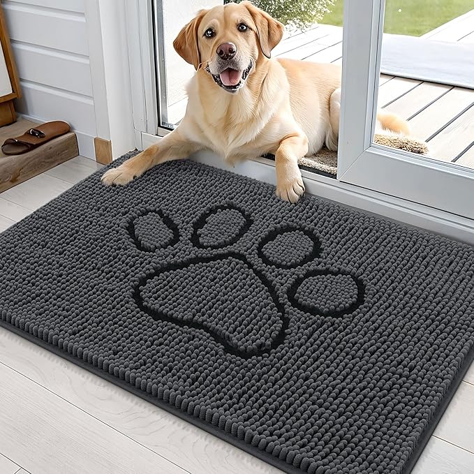 OLANLY Dog Door Mat for Muddy Paws 36x24, Paw Print Design, Absorbs Moisture and Dirt, Non-Slip Washable Doormat, Quick Dry Chenille Mud Mat, Entry Indoor Entryway Carpet, Dark Grey and Black