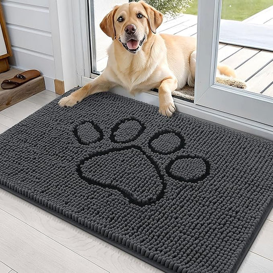 OLANLY Dog Door Mat for Muddy Paws 36x24, Paw Print Design, Absorbs Moisture and Dirt, Non-Slip Washable Doormat, Quick Dry Chenille Mud Mat, Entry Indoor Entryway Carpet, Dark Grey and Black