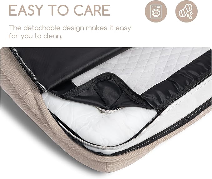 Hollypet Orthopedic Dog Bed for Large Dogs, Supportive Foam Pet Couch with Removable Washable Cover and Non-Slip Bottom, Waterproof Lining Sofa Bed, Khaki, L (36 * 26 * 8)