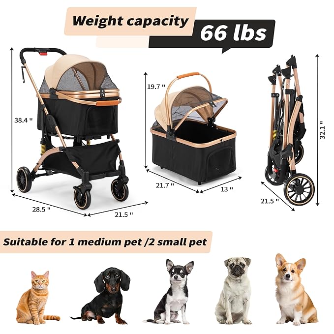 Coziwow Dog Stroller for Pets, One Hand Fold Puppy Stroller with 6 Shock Absorbers, Removable Cabin & Storage Basket, 4 Wheels Dual Brakes, Rose Gold + Black