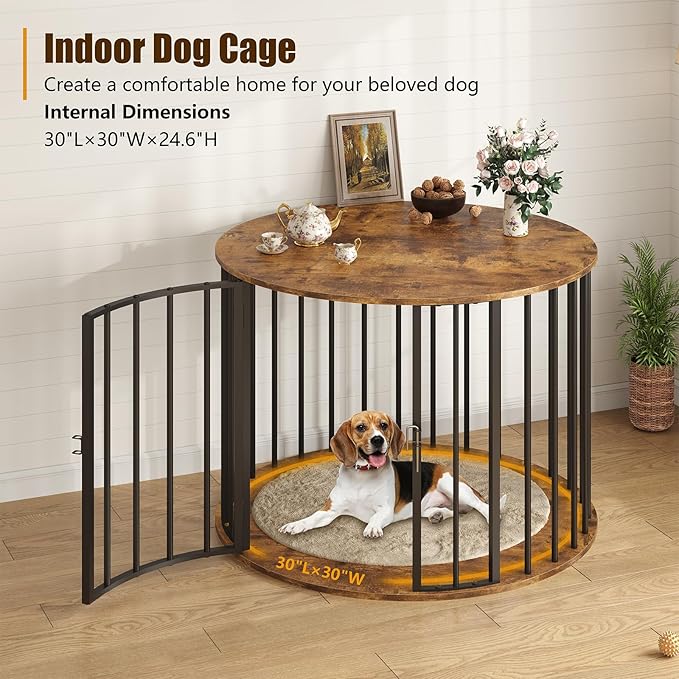 32 Inch Dog Crate Furniture for Large Medium Dogs, Wooden Dog Kennel Indoor Decorative Pet House Side End Table, Round Dog Cage, Rustic Brown
